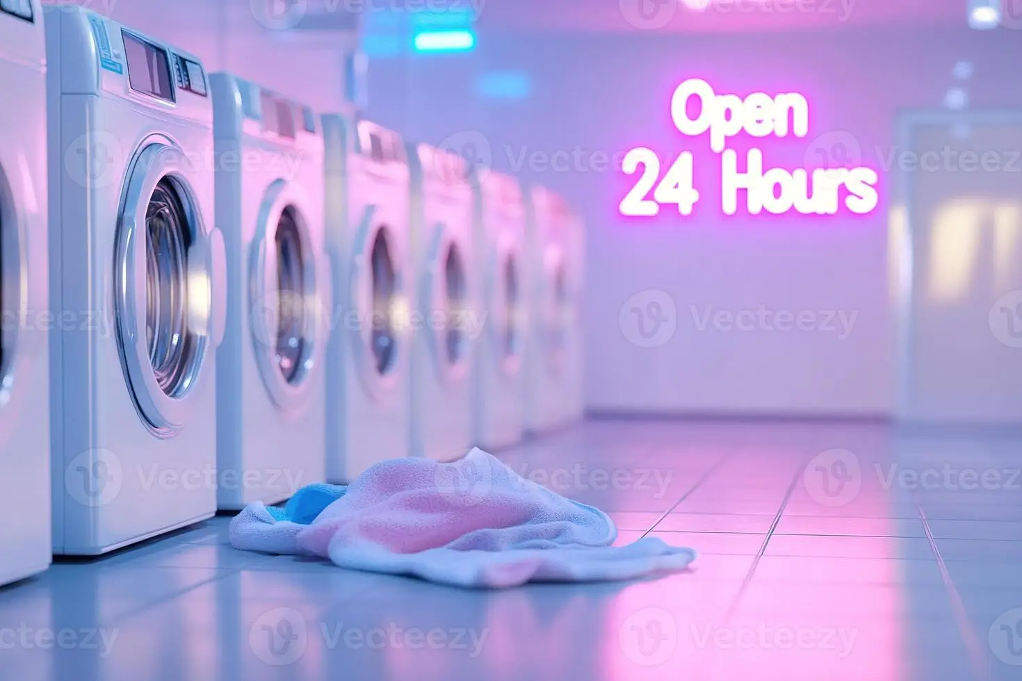 Laundromat with neon open 24 hours sign